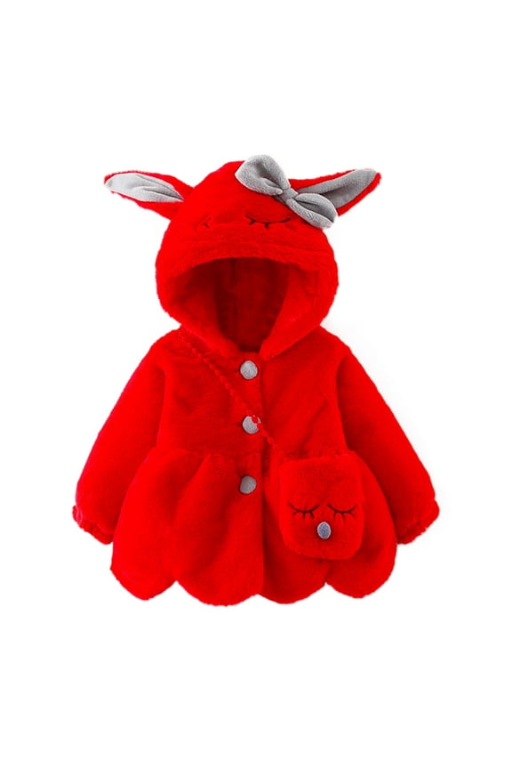 Toddler Fleece Coats with Bag Baby Girls Plain Fuzzy Hooded Outwear Clothes Cute Bunny Ear Oversized Buttons Jackets