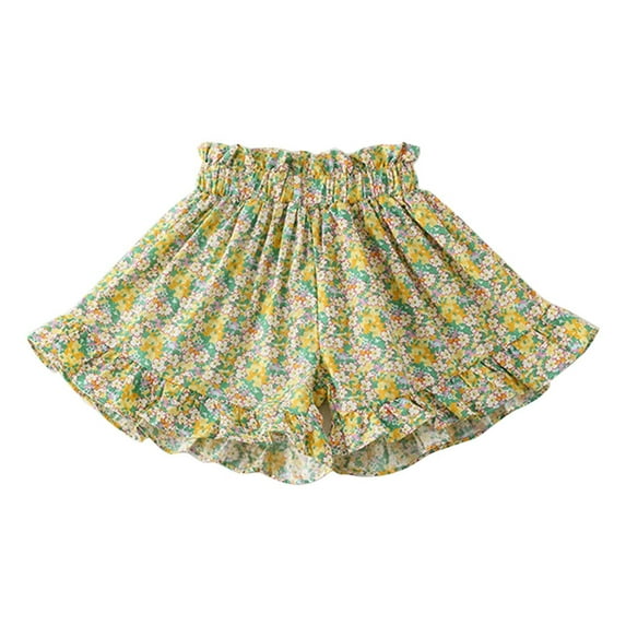 KAUOD Toddler Girls Floral Shorts Pleated Skirt-Like Shorts Wide-Leg Flowy Skorts Kids Summer Casual Beach Skort