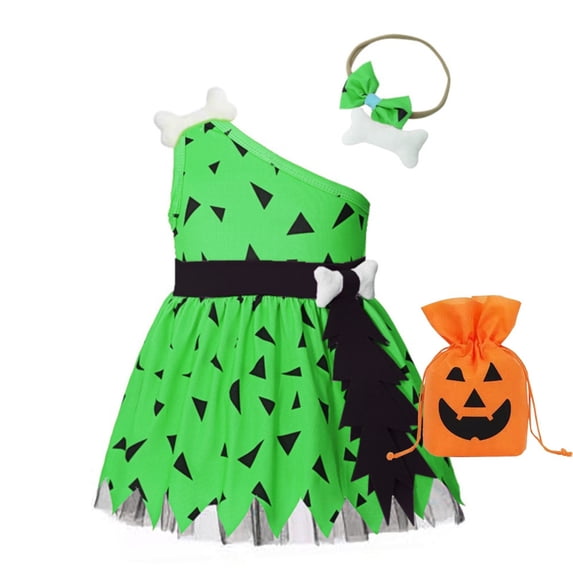KAUOD Toddler Girls Halloween One Shoulder Tutu Dress with Hairband Pumpkin Pockets Outfits Baby Cute Tulle Performance Dress