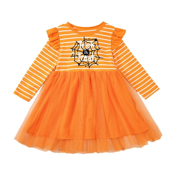 KAUOD Toddler Girls Halloween Pumpkin Dress Mesh Tulle Striped Tutu Dress Baby Long Sleeve Pullover Dresses Clothes