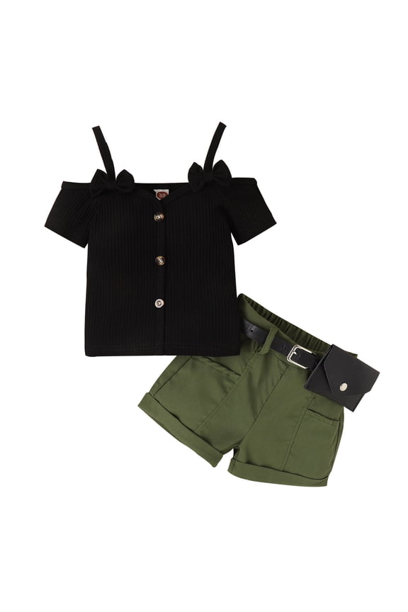 Toddler Girls Handsome Summer Outfits Sets Kids Sleeveless Strap Pure Black Top+Casual Belt Shorts 2Pcs Outfits