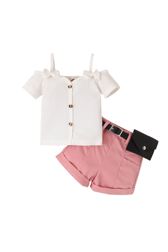 Toddler Girls Handsome Summer Outfits Sets Kids Sleeveless Strap Pure Black Top+Casual Belt Shorts 2Pcs Outfits