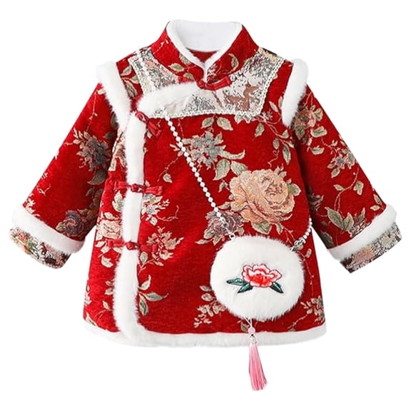 KAUOD Toddler Girls Lace Embroidery Chinese Jackets Cute Graphic Fleece Warm 𝗧ang Coats Kids Long Sleeve Traditional Tops