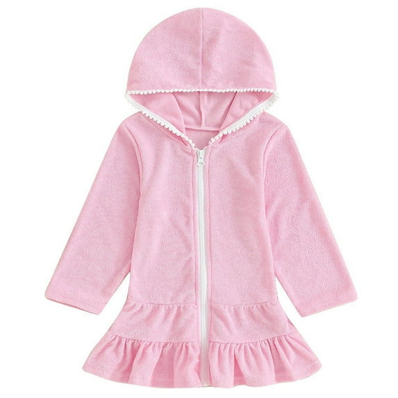 KAUOD Toddler Girls Long Sleeve Soft Cover up Solid Zipper Ruffles Bottoms Hooded Beach Shirts Coverup Rash Guard Beachwear