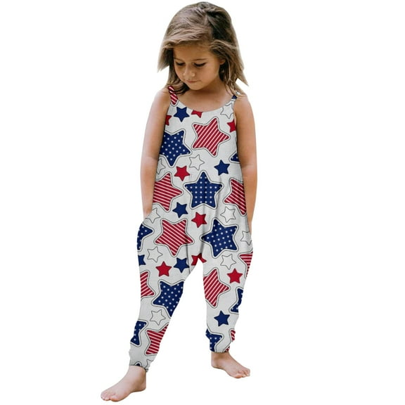 KAUOD Toddler Girls One Piece Patriotic Jumpsuit Kids Star Print Strap Romper Playsuit Independence Day Kids Bodysuit