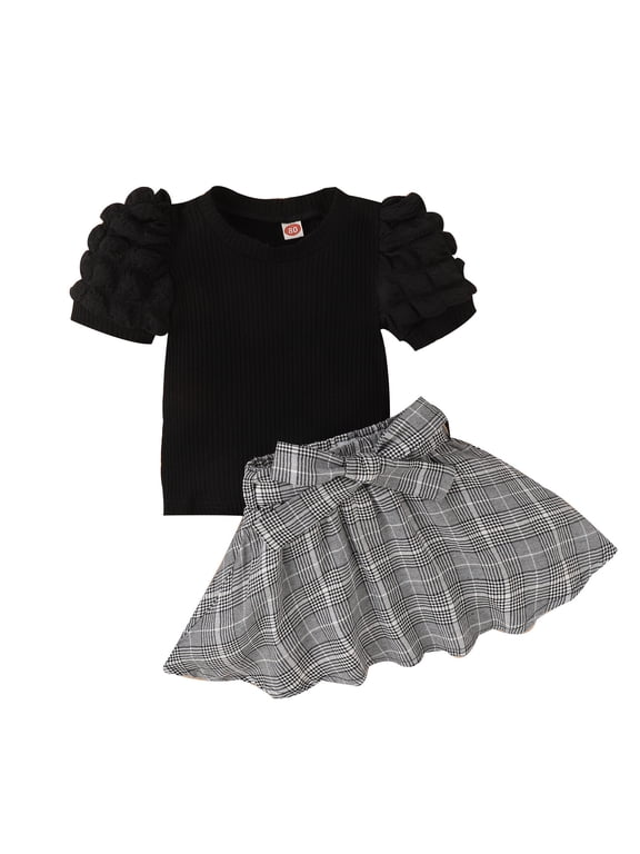 Toddler Girls Short Sleeve Ribbed T Shirt Tops Plaid Skirt Outfits Easter Outfit 4t