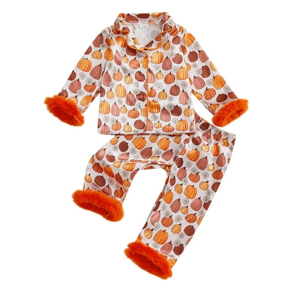 KAUOD Toddler Halloween Pumpkin Set 2 Piece Plush Sleeve Cuff Button Front Collar Tops soft Long Pants for Baby Boys Girls