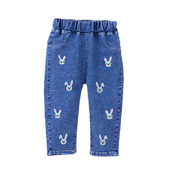 KAUOD Toddler Heart Print Jeans Cute Vintage Straight Denim Pants Kids Baby Elastic Waist Pull on Washed Jeans with Pockets