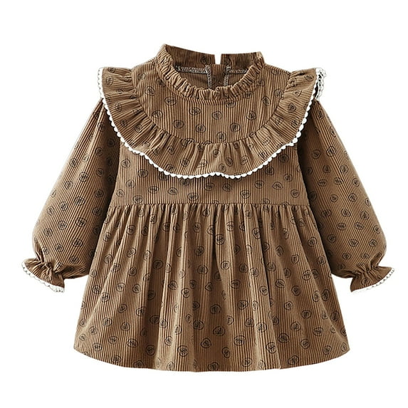 KAUOD Toddler Kid Girl Corduroy Long Sleeve Dress Fall Spring Floral Lace Ruffle Collar A Line Tiered Midi Dress