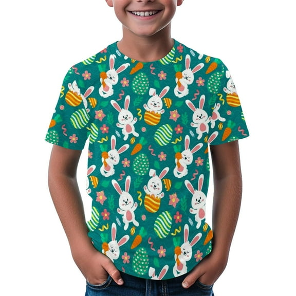 KAUOD Toddler Kids Easter T Shirt Cute Bunny Printed Eggs Graphic Tees Short Sleeve Crewneck Tops for Boys Girls