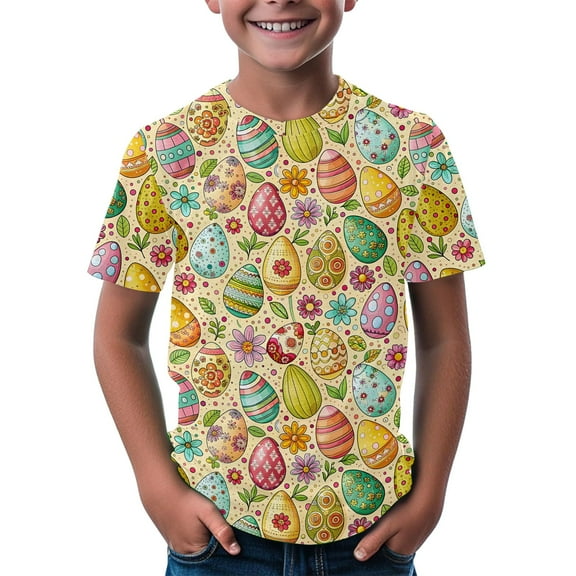 KAUOD Toddler Kids Easter T Shirt Cute Bunny Printed Eggs Graphic Tees Short Sleeve Crewneck Tops for Boys Girls