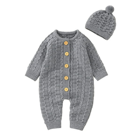 KAUOD Toddler Knit Jumpsuits with Hat Button down Crochet Ribbed Plain Sweater Rompers Baby Boys Thick Warm Bodysuits