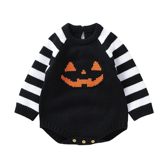 KAUOD Toddler Knit Striped Romper Halloween Devil Graphic Long Sleeve Pullover Bodysuit Baby Boys Cute Warm Romper Sweater
