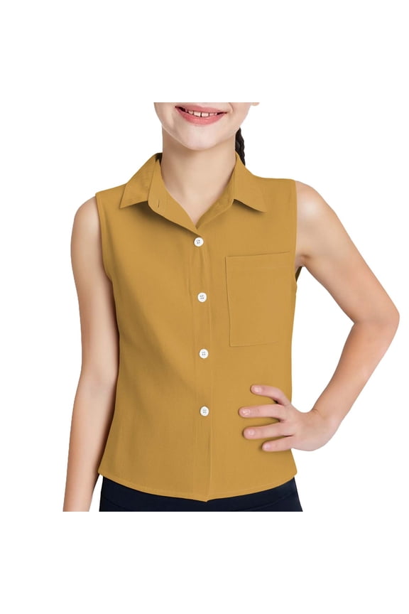 Tween Girls Sleeveless Button Down Shirts Cotton Linen Collared Tank Tops Teen Summer Solid Color V Neck Casual Work Blouses