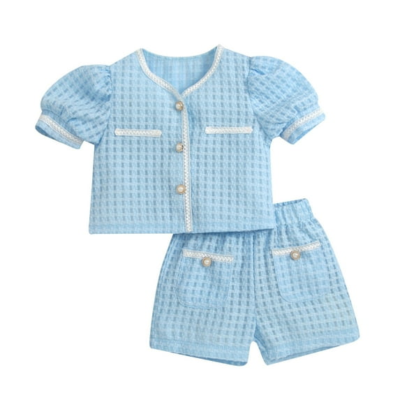 KAUOD V Neck Bubble Sleeve Top Woven Pocket Pants 2 Piece Set Teens Matching Clothes