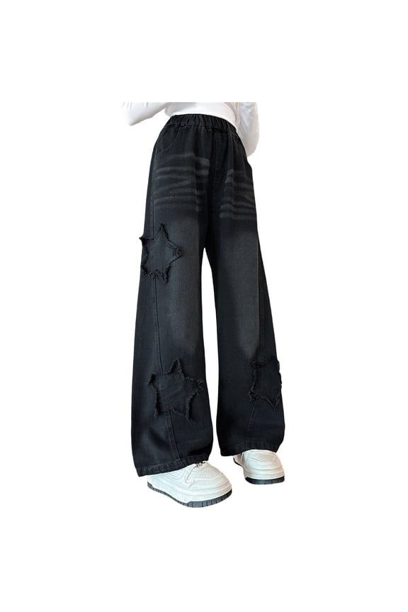 Y2K Baggy Jeans for Girls High Waisted Wide Leg Jeans Star Print Distressed Straight Leg Denim Pants Streetwear