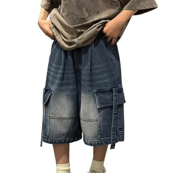 KAUOD Y2k Baggy Jean Shorts for Boys, Kids Hip Hop Cargo Pants, Loose Fit Oversized Streetwear, Teens Denim Cargo Shorts