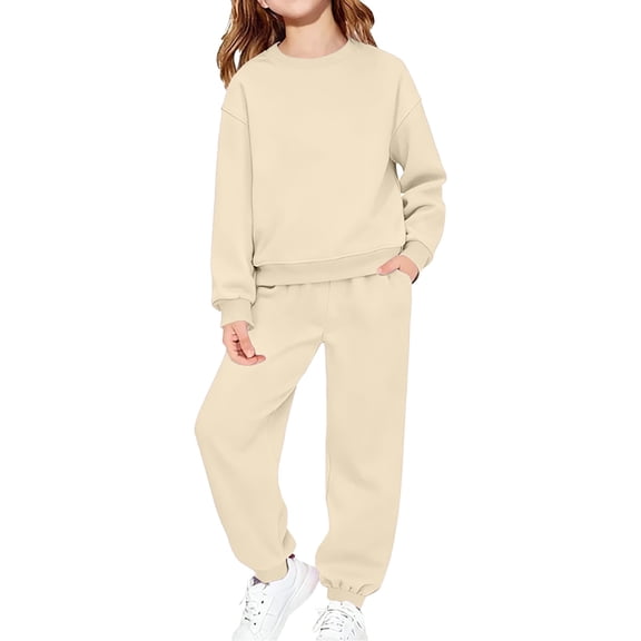 KAUOD Youth Kids Cotton Sweatsuits 2 Piece Crew Neck Pullover Sweatshirts Joggers Sweatpants Athletic Putfits for Girls