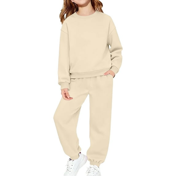 KAUOD Youth Kids Cotton Sweatsuits 2 Piece Crew Neck Pullover Sweatshirts Joggers Sweatpants Athletic Putfits for Girls