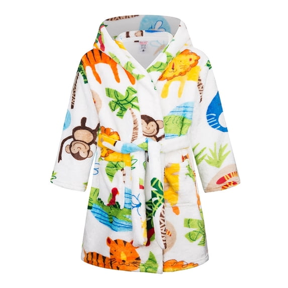 KAUOD Youth Plush Robe Cute Dinosaur Print Short Hoodie Bathrobe with Belt Boys Girls Fuzzy Thick Warm LšØunge Nightgowns