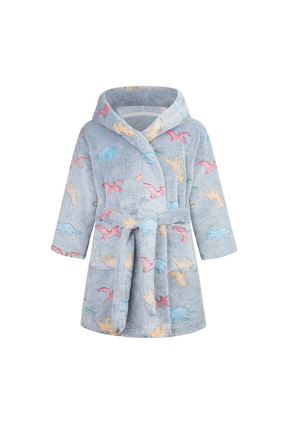 Youth Plush Robe Cute Dinosaur Print Short Hoodie Bathrobe with Belt Boys Girls Fuzzy Thick Warm L𝐨unge Nightgowns