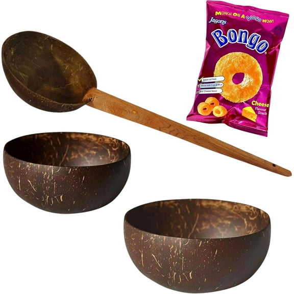 KAVA Lovers - Authentic Kava Drinking Cup - 100% Natural Coconut Shell (2 Bowl/1 Bowl with Handle) With Bonus Bongo Cheese Snacks