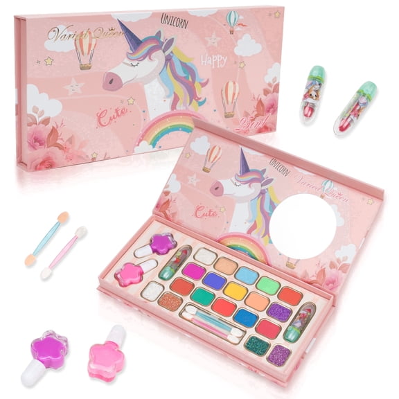 Kids Makeup Kit for Girl, Girl Makeup Set with Built-in Mirror, Birthday Gifts for Girls Kids (Pink)