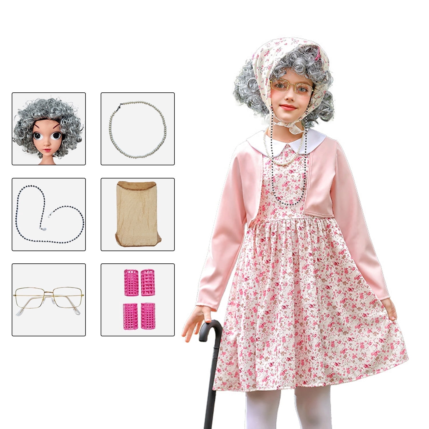 KAWELL 10 pcs Old Lady Costume,100 Days Costume Old Lady Wig, Granny  Grandma Dress Up - Walmart.com