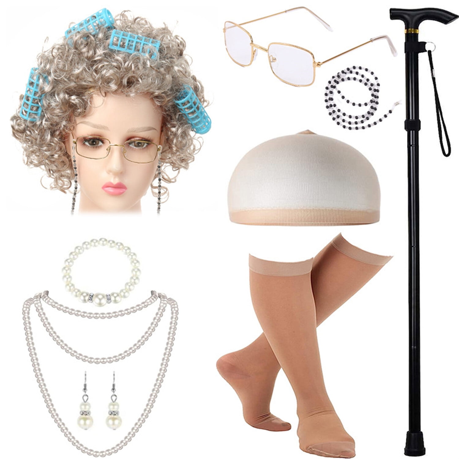 KAWELL 2024 Old Lady Costume for Girls with Wig Cane & Other Halloween