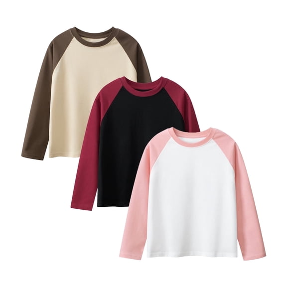 KAWELL 3 Pack Girls and Boys Long Sleeve Shirts Cotton T-Shirts 3-15 Years