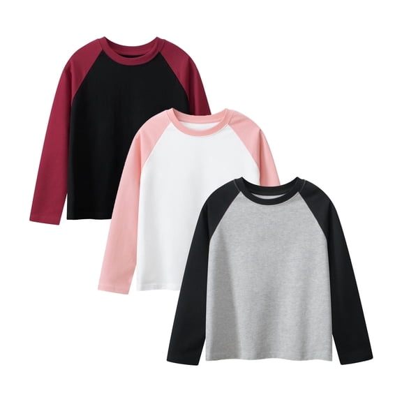KAWELL 3 Pack Girls and Boys Long Sleeve Shirts Cotton T-Shirts 3-15 Years