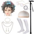 thumbnail image 1 of KAWELL 9 pcs Old Lady Costume 100 Days Costume Granny Old Lady Wig Halloween Dress Up Accessories, 1 of 1