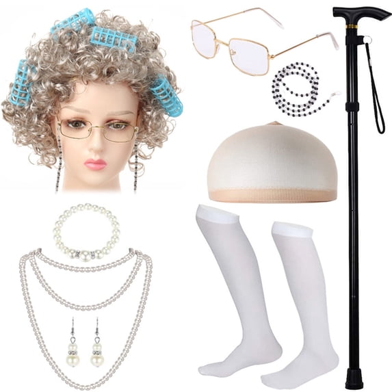 KAWELL 9 pcs Old Lady Costume 100 Days Costume Granny Old Lady Wig Halloween Dress Up Accessories