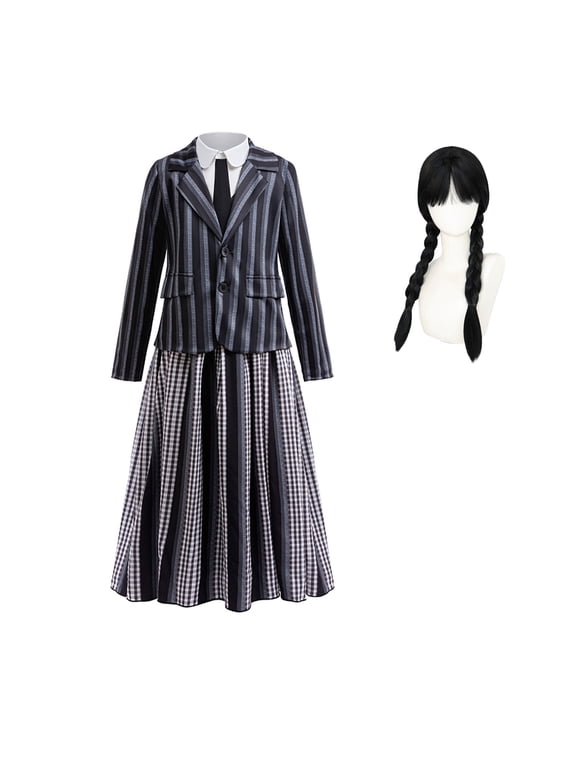 Black Costume for Girls, Academy Uniform Outfits Cosplay with Black Wig, Pleated Skirt Girl's Stripes Suits Sets for Halloween