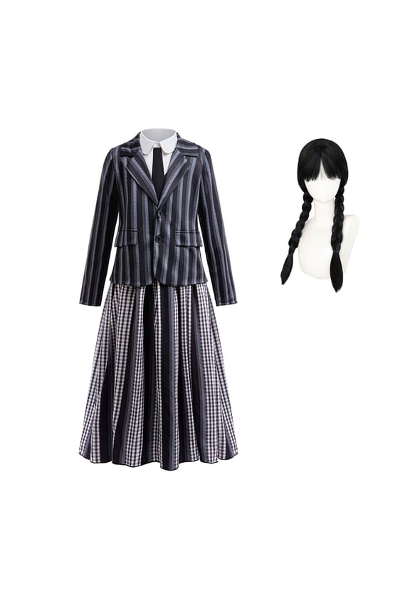 Black Costume for Girls, Academy Uniform Outfits Cosplay with Black Wig, Pleated Skirt Girl's Stripes Suits Sets for Halloween