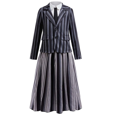 KAWELL Black Costume for Girls, Academy Uniform Outfits Cosplay with Black Wig, Pleated Skirt Girl's Stripes Suits Sets for Halloween