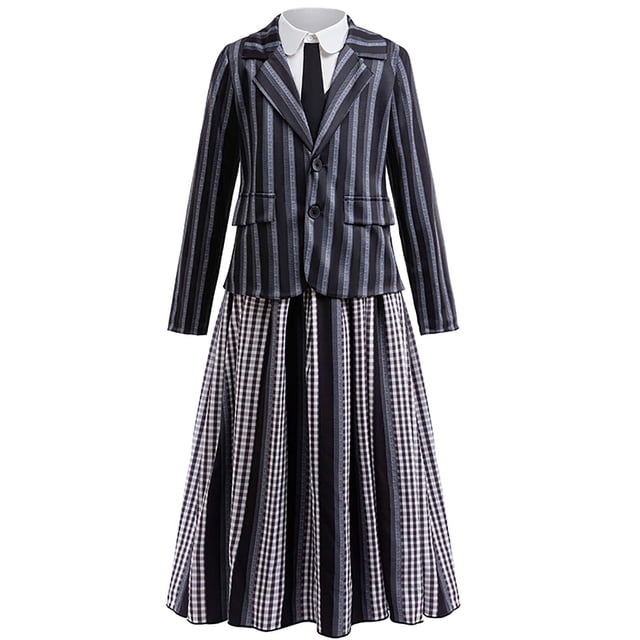 KAWELL Black Costume for Girls, Academy Uniform Outfits Cosplay with Black Wig, Pleated Skirt Girl's Stripes Suits Sets for Halloween