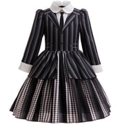 KAWELL Black Costume for Girls, Academy Uniform Outfits Cosplay with Black Wig, Pleated Skirt Girls Stripes Suits Sets for Halloween