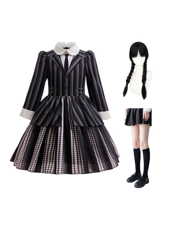 Black Costume for Girls, Academy Uniform Outfits Cosplay with Black Wig, Pleated Skirt Girl's Stripes Suits Sets for Halloween