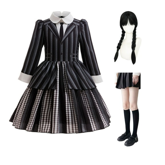 KAWELL Black Costume for Girls, Academy Uniform Outfits Cosplay with Black Wig, Pleated Skirt Girl's Stripes Suits Sets for Halloween