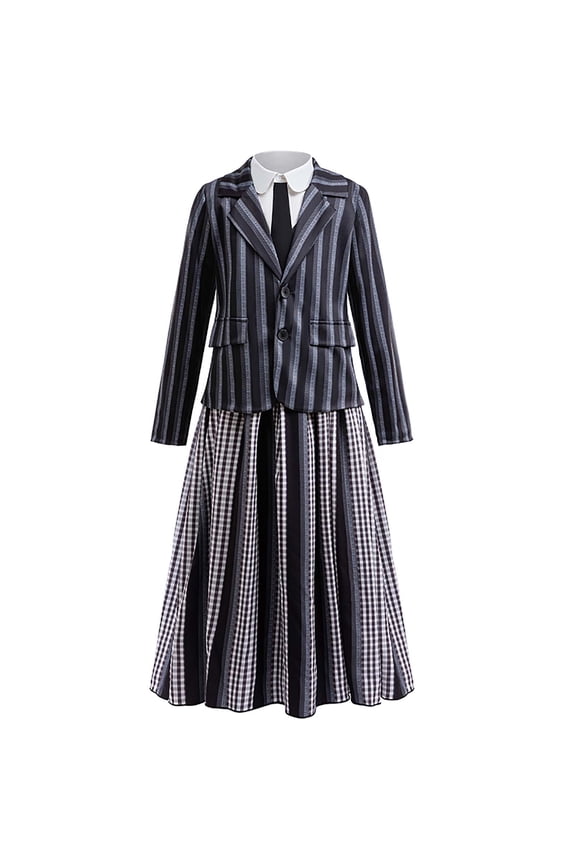 Black Costume for Girls, Academy Uniform Outfits Cosplay with Black Wig, Pleated Skirt Girl's Stripes Suits Sets for Halloween