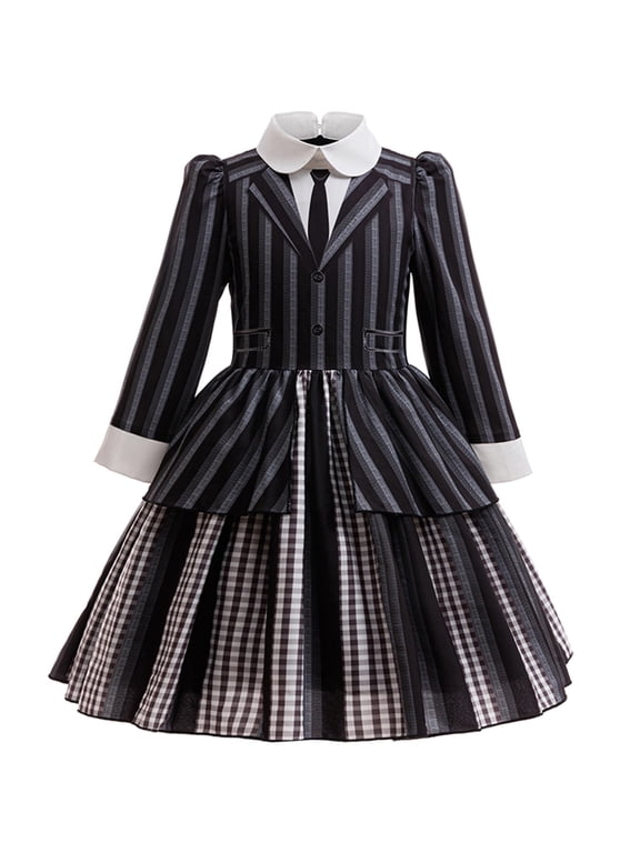 Black Costume for Girls, Academy Uniform Outfits Cosplay with Black Wig, Pleated Skirt Girl's Stripes Suits Sets for Halloween