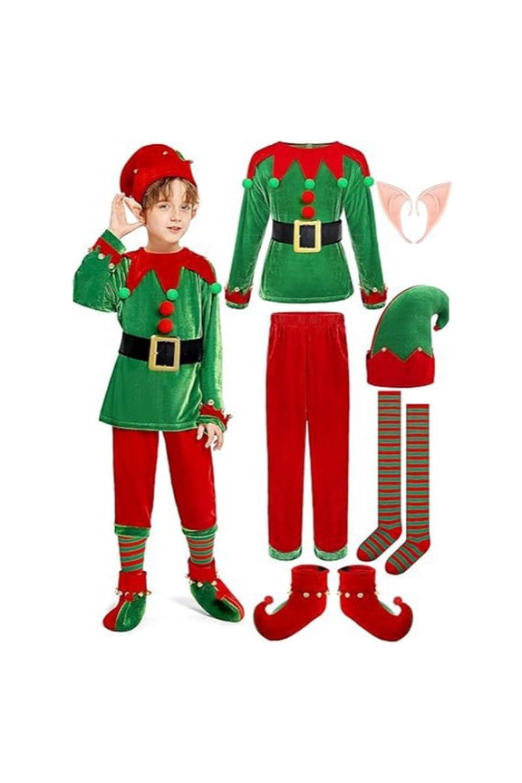 Christmas Elf Costume Set for Girls Boys Santa's Helper Costume Outfit Santa Dress Cosplay Party Dress Up