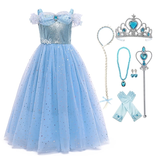 KAWELL Toddler Girls' Princess Dress Costume with Rich Accessories, Blue Sparkle Tulle Gown for Christmas, Halloween, Birthday Party, Ages 3-10T