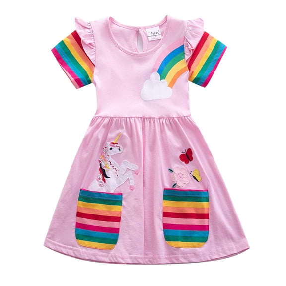 KAWELL Cotton Girls Flower Rainbow Short Sleeve Dresses Butterfly Animal for Kids 3-8 Years