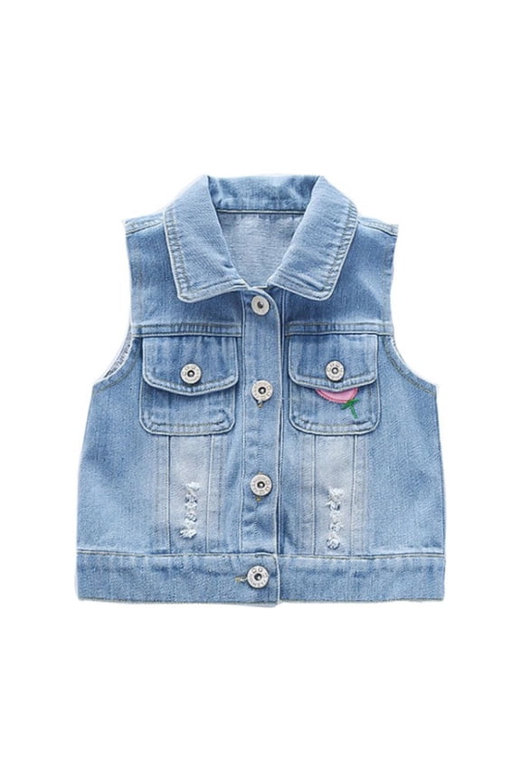 Denim Vest for Little Girls Button-Down Sleeveless Outerwear Lapel Retro Ripped