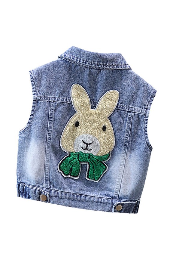 Denim Vest for Little Girls Button-Down Sleeveless Outerwear Lapel Retro Ripped