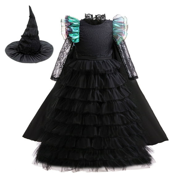 KAWELL Elphaba Costume Dress for Girls Halloween Cosplay Birthday Party Outfit With Cape and Witch Hat