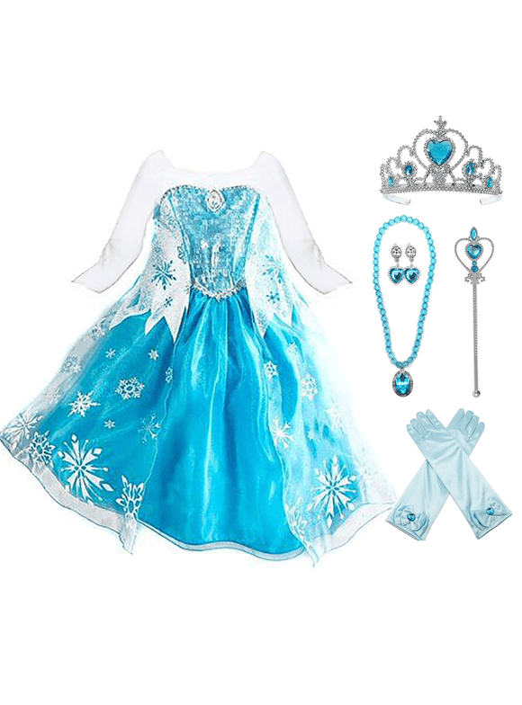 KAWELL Elsa Dress Up Costume With Cosplay Accessories Crown Wand & Gloves For Little Girls 5