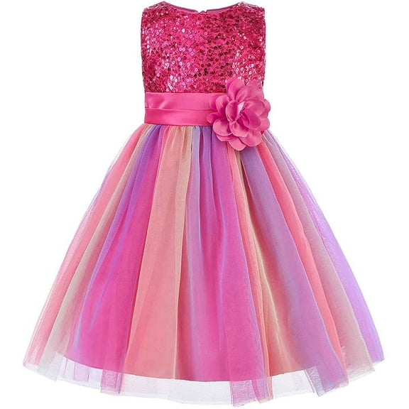KAWELL Flower Girls Sequence Sequin Rainbow Tulle Wedding Party Dress Bridesmaid Birthday Pageant Ball Gown